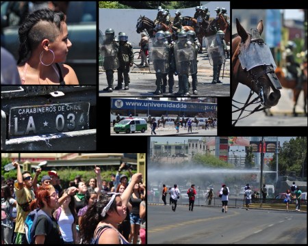 Konie bojowe, wozy opancerzone, gaz i armatki wodne, czyli chilijscy karabinierzy prowadzą konsultacje społeczne na temat płatnych studiów ze studentami w Santiago - nasz drugi dzień w kraju